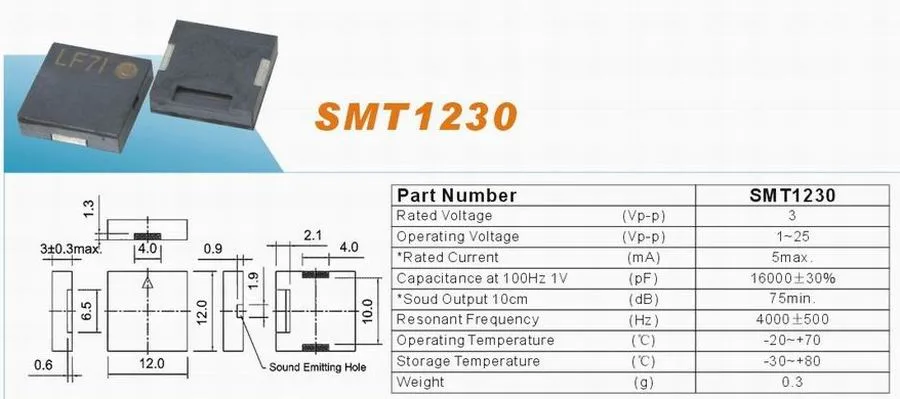 Higt Quality 1.5V 95dB 12.0*3.0mm SMT Piezo Buzzer